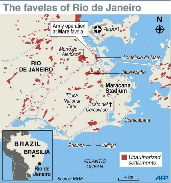 karta över Rio de Janeiros favelor